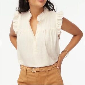 J. Crew Cream Gauze Smocked Ruffle Neck Top - L